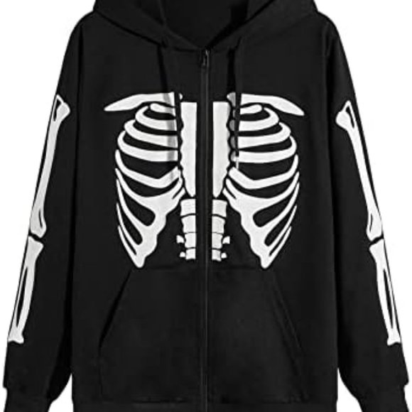 ROMWE Skeleton Y2K Zip Up Hoodie (Black & White) - Picture 1 of 4